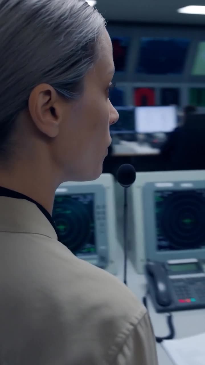A tactical communications officer speaking into a headset while tracking radar screens