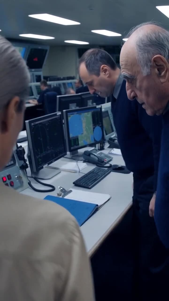 Command room officers examining tracking displays and classified intercept data