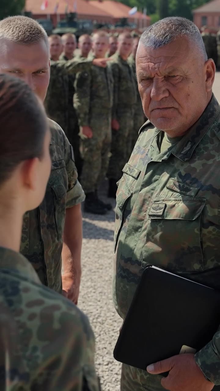 Kommandeur Markus tritt mit ernster Miene und Aktenmappe vor die beiden Rekruten.