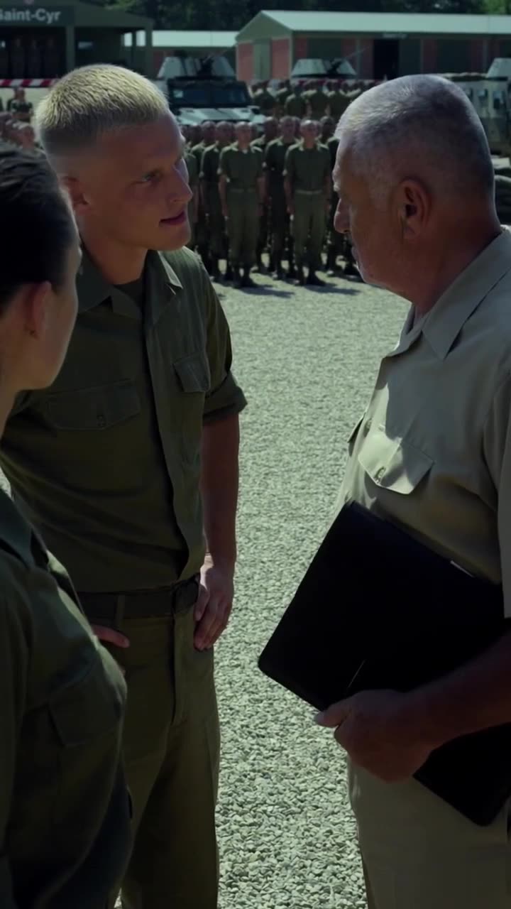 An arrogant young cadet confronts Commander Roche as troops assemble in formation