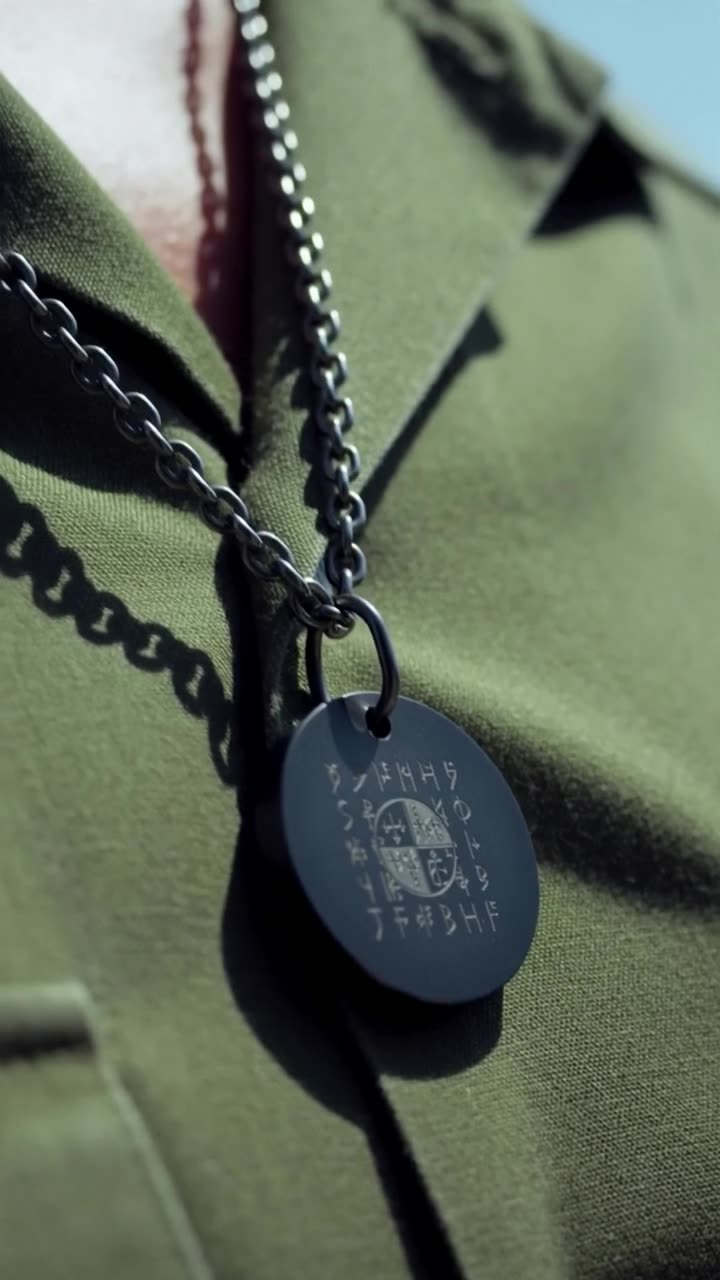 A close-up view of the engraved black titanium cipher pendant resting on Camille's olive uniform.