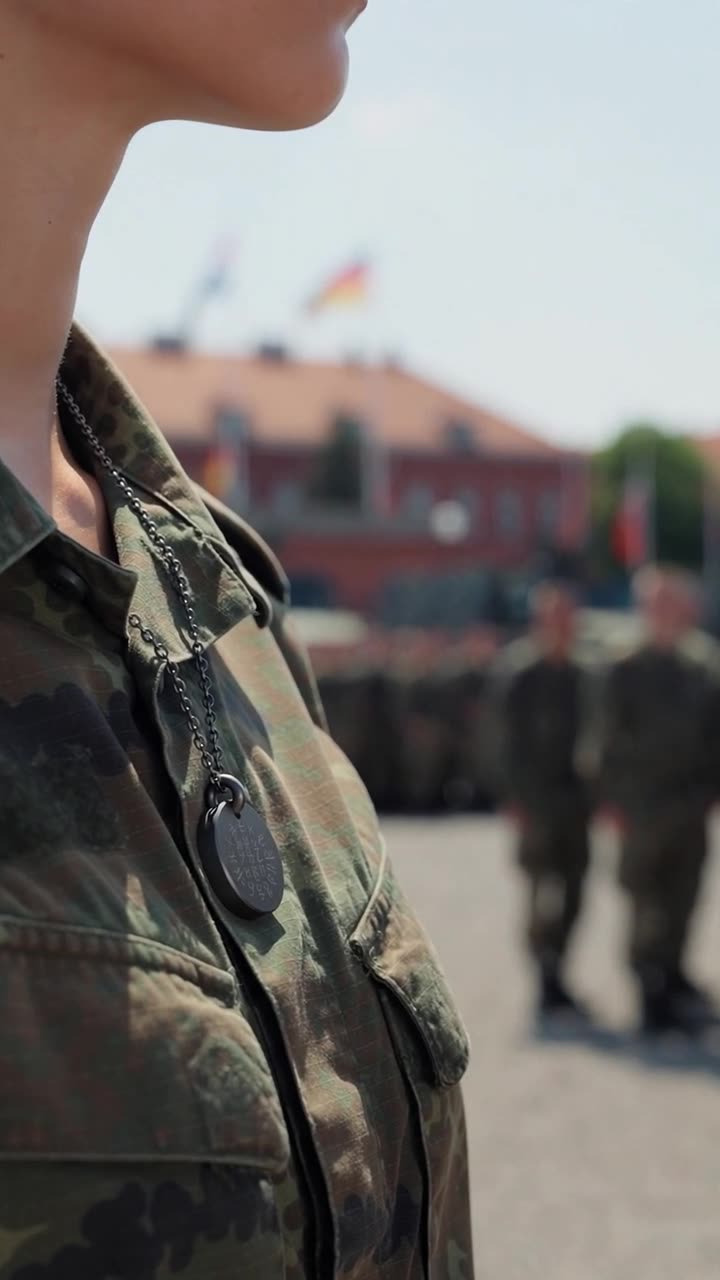 Detailaufnahme des schwarzen Titananhängers mit geheimnisvoller Gravur auf der Flecktarn-Uniform von Lena.