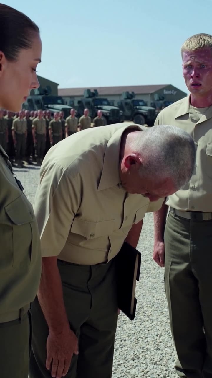 Philippe bowing deeply in submission before Camille while Maxime watches in stunned horror