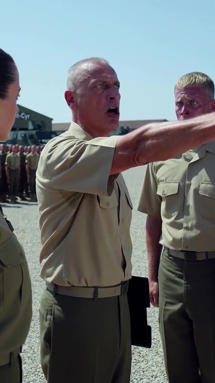 Commandant Roche barking orders and pointing toward the barracks beside a pale cadet