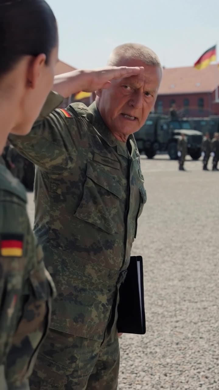 Der Offizier salutiert mit strammer Haltung vor der ranghöheren Lena.