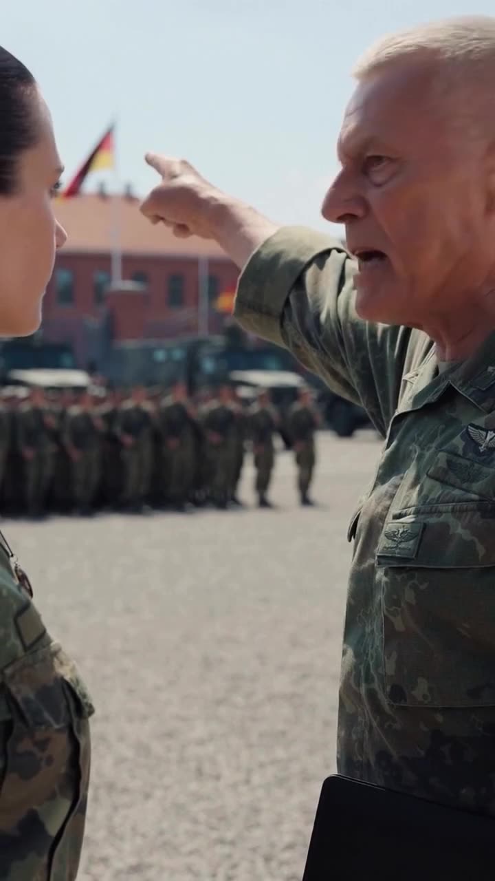 Wütender Militärkommandant deutet mit erhobenem Zeigefinger aggressiv auf eine Soldatin