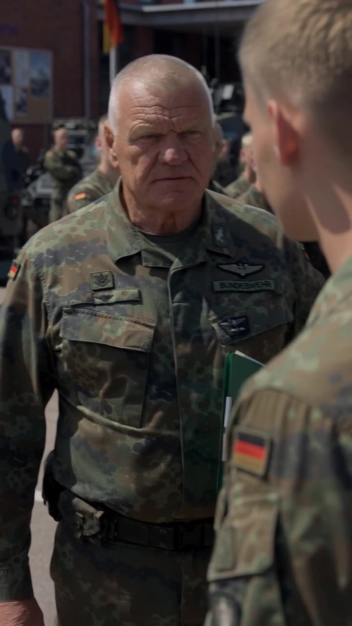 Kommandeur Stefan blickt mit ernster Miene und Akte in der Hand Lukas auf dem Appellplatz direkt an.