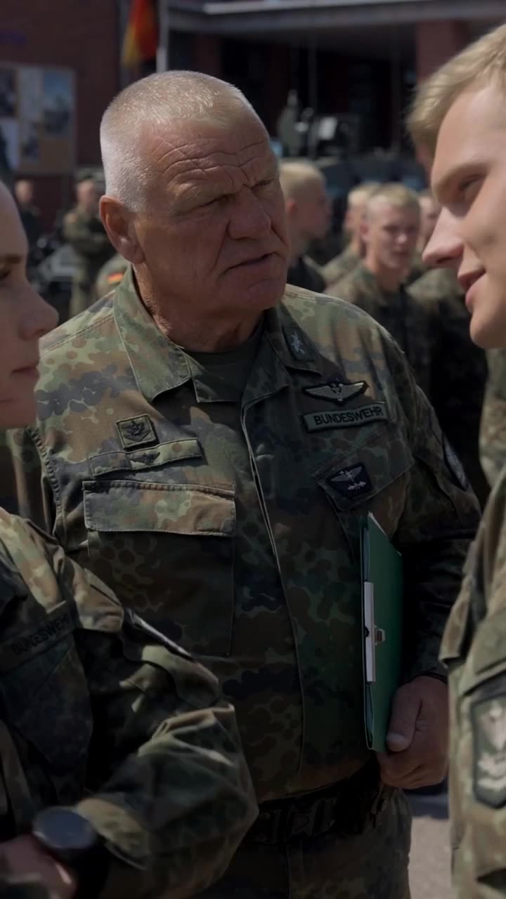 Oberst Elias Richter tritt mit ernster Miene zwischen die beiden Soldaten auf dem Appellplatz.
