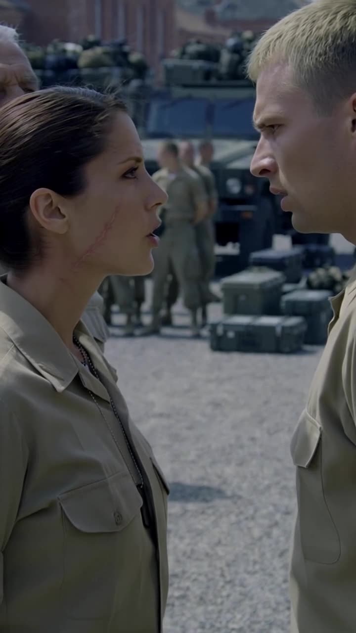 Camille confronts a stunned Julien face to face on the sunlit gravel drill yard.