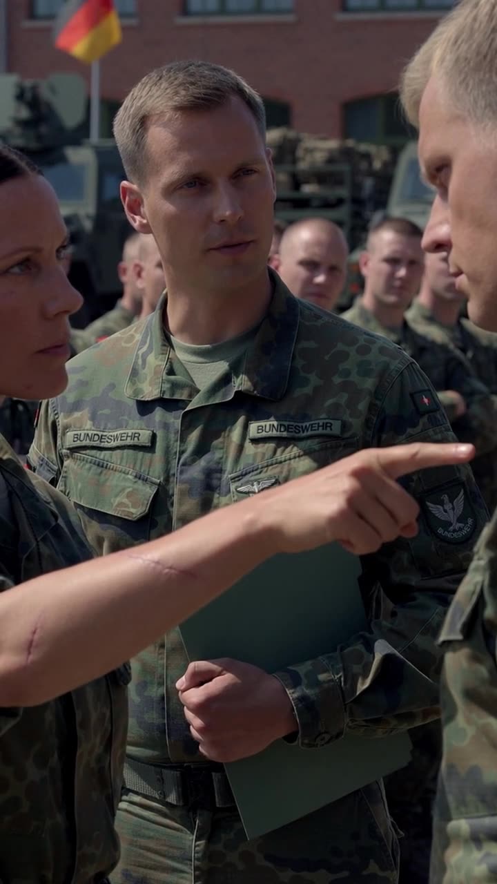 Hannah zeigt mit ausgestrecktem Finger anklagend auf Lukas und erteilt Ausbilder Stefan eine klare Anweisung.