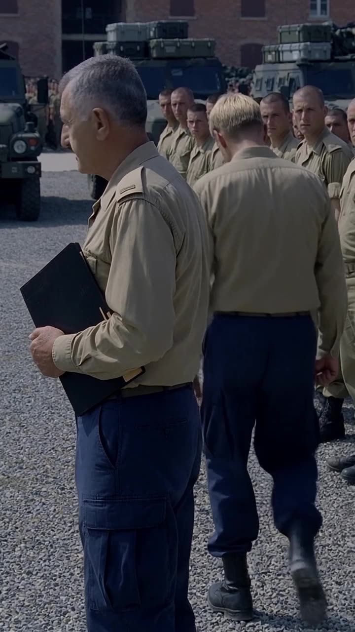 Julien walks away downcast past the ranks of cadets while Philippe turns his attention back to the yard.