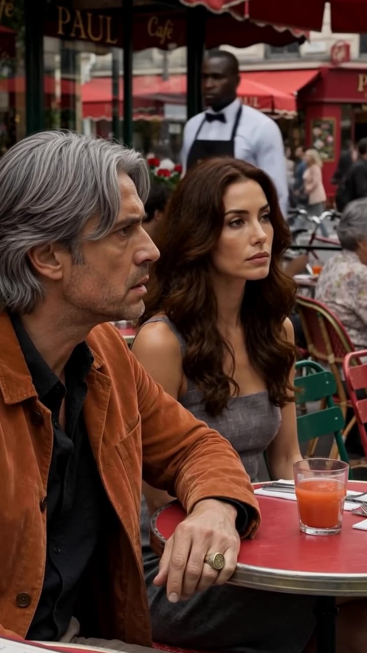 Alexandre and Camille seated calmly at their table watching patrons scatter