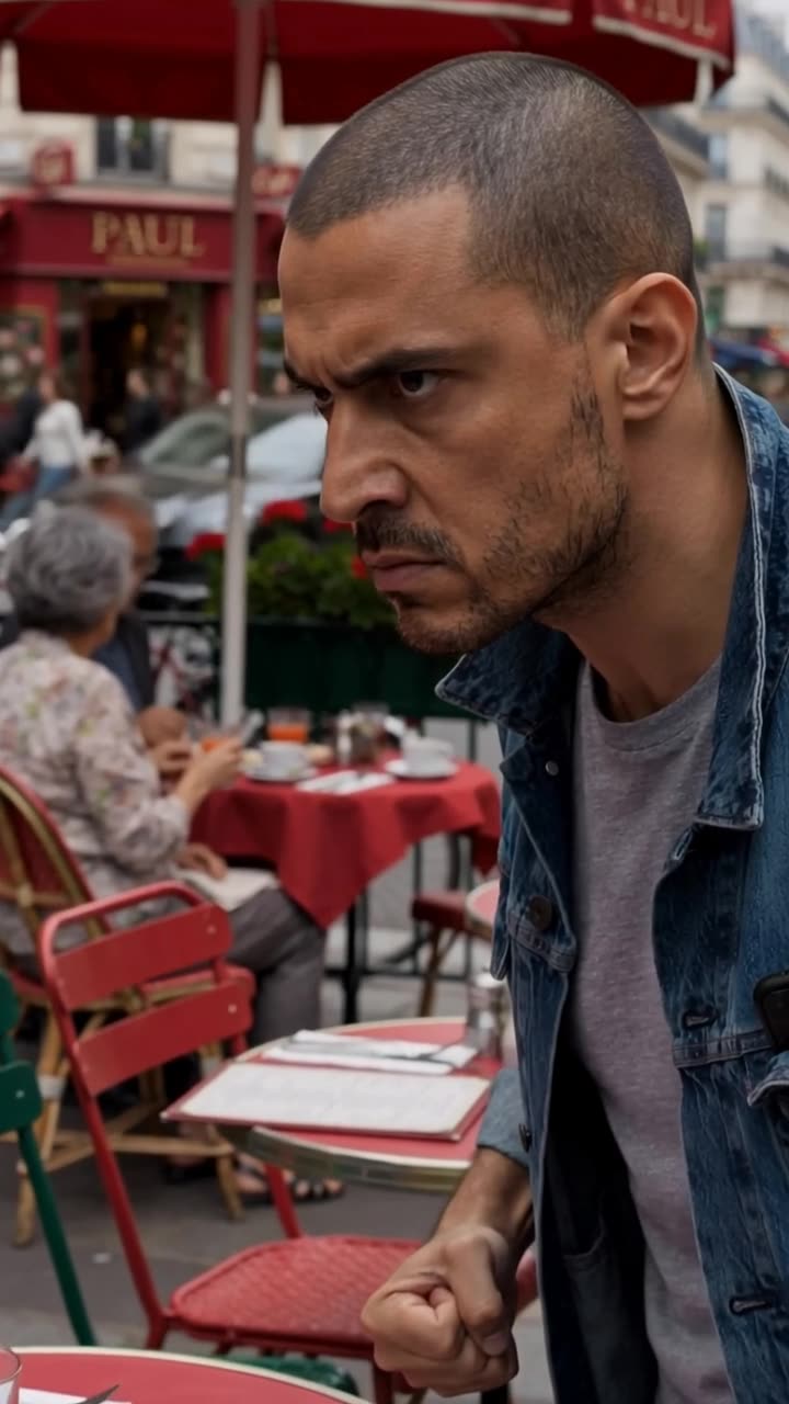 Enzo leaning forward with clenched fists staring down Alexandre and Camille
