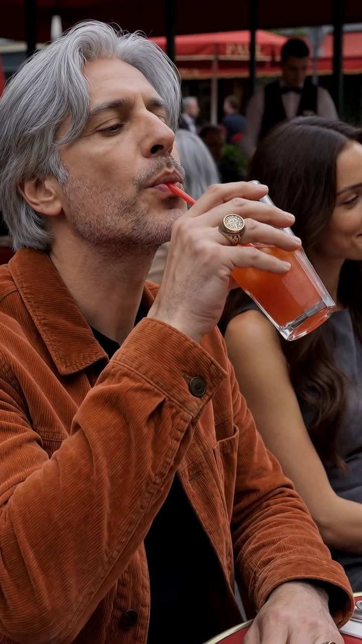Alexandre calmly sips his bright orange drink through a straw, ignoring the confrontation.