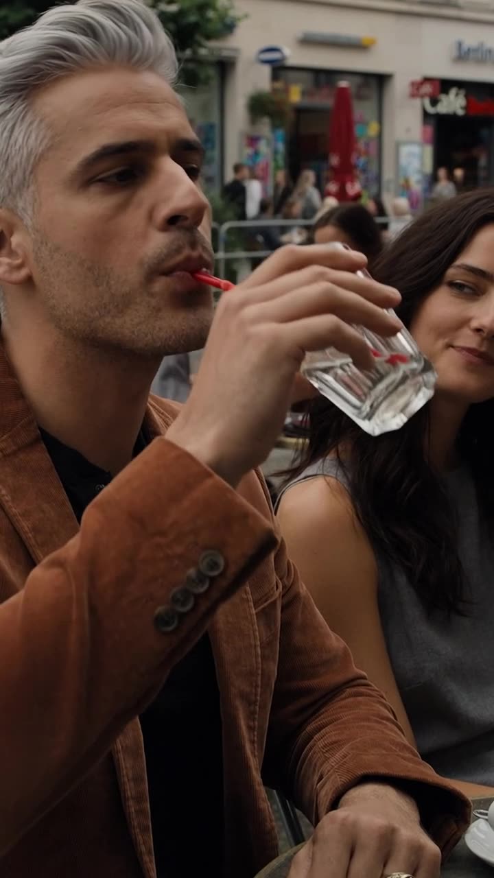 Maximilian nippt ungerührt an seinem Glas, während Sophie amüsiert lächelt.