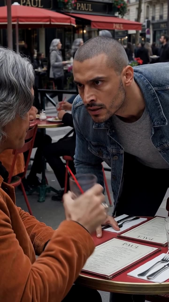 Enzo leans across the table glaring furiously as Alexandre sets down his drink