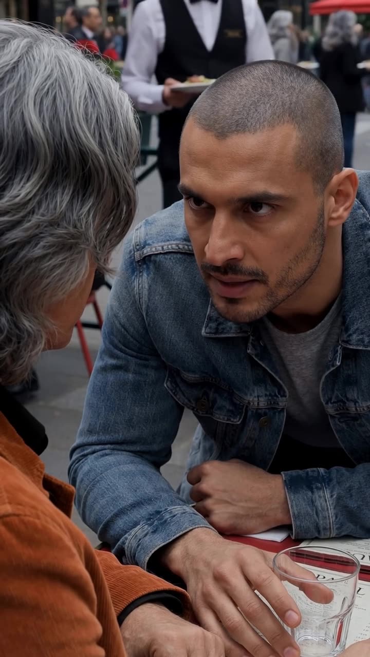 Over-the-shoulder view of Enzo staring down Alexandre in a tense café showdown