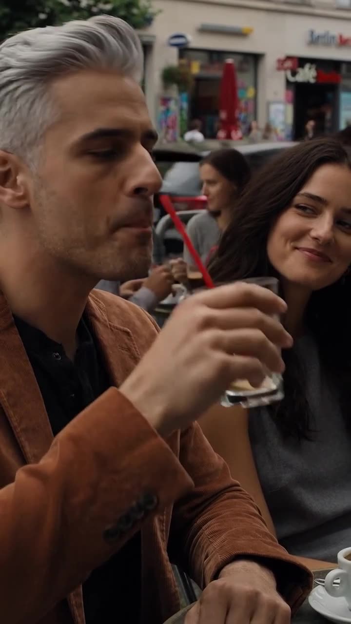 Der grauhaarige Herr trinkt gelassen aus einem Glas, während seine Begleiterin lächelt.