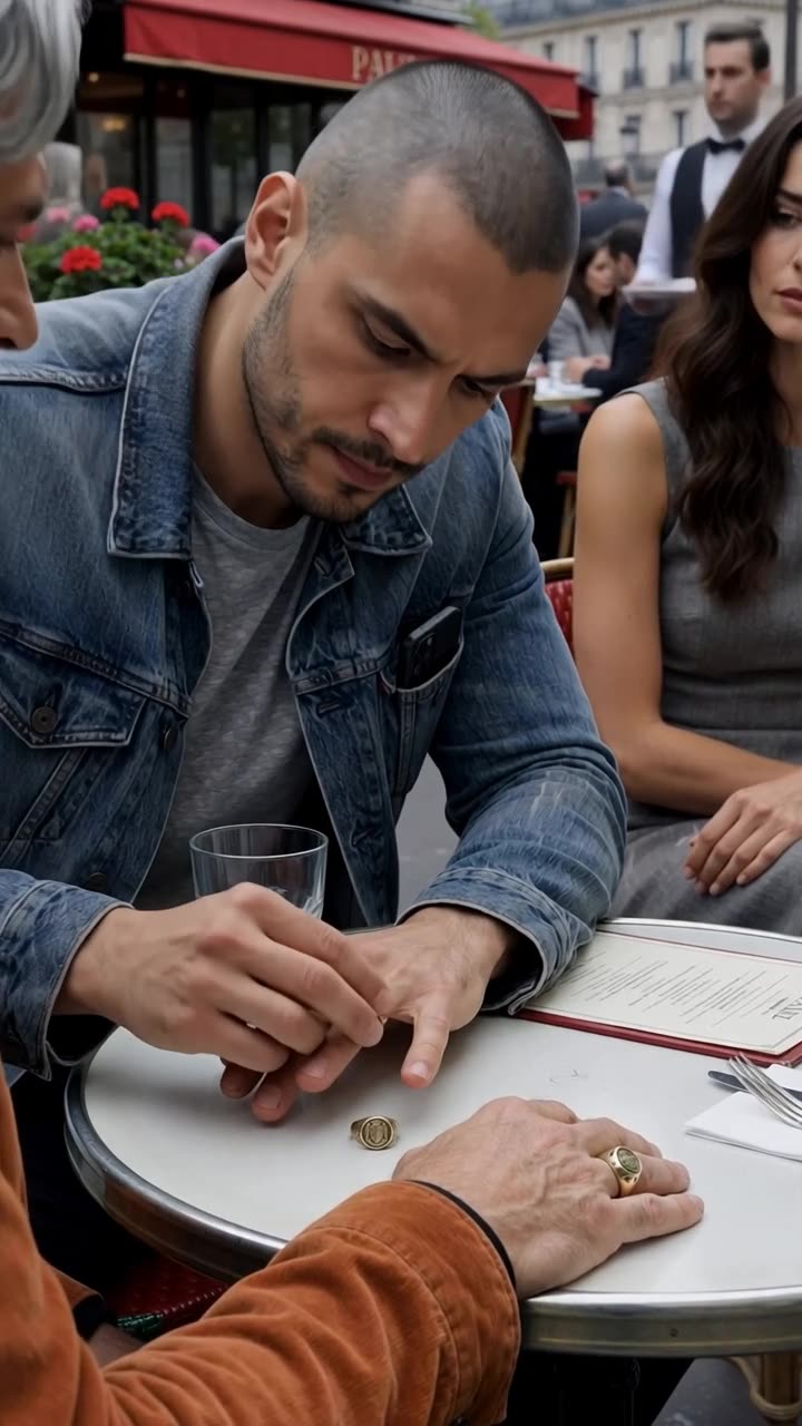 Alexandre rotating the heavy brass signet ring on his finger in front of Enzo