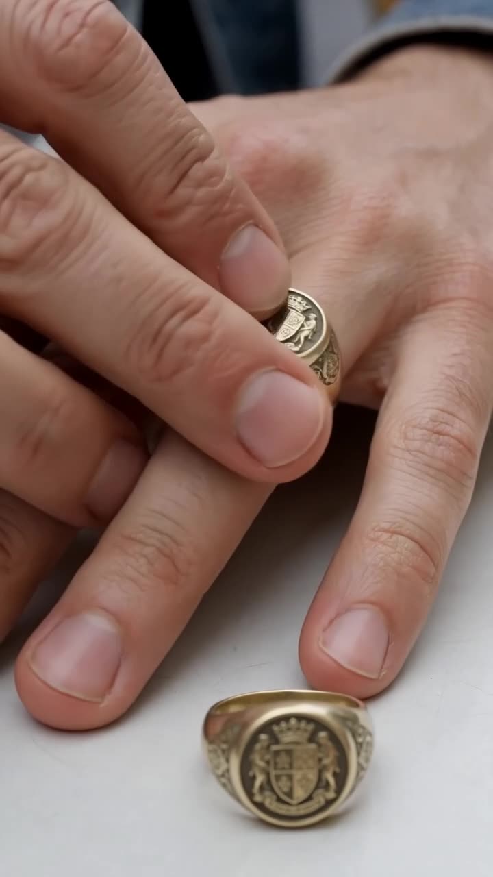 Close-up of the engraved crest on the brass signet ring exposed on the table