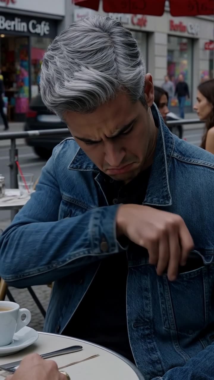 Jonas greift mit ernster Miene in seine Jeansjacke, während sein Smartphone vibriert.