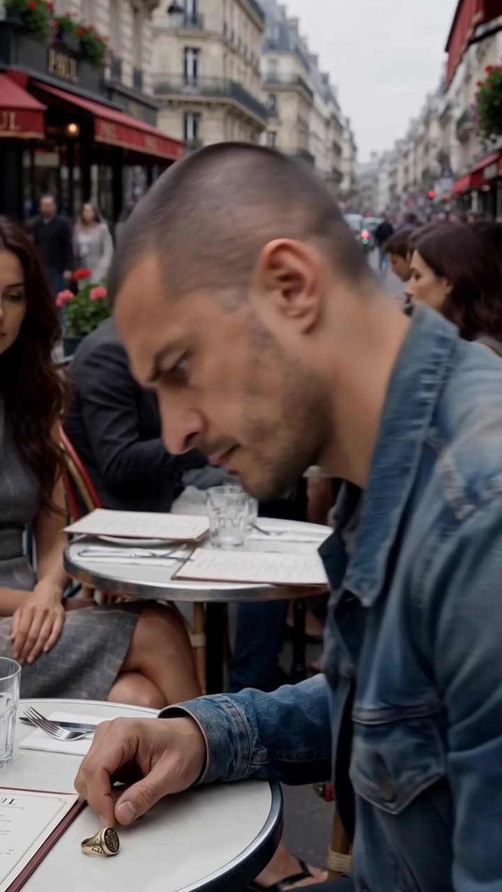 Enzo looks down in shock and confusion at the engraved brass signet ring sitting on the cafe table.
