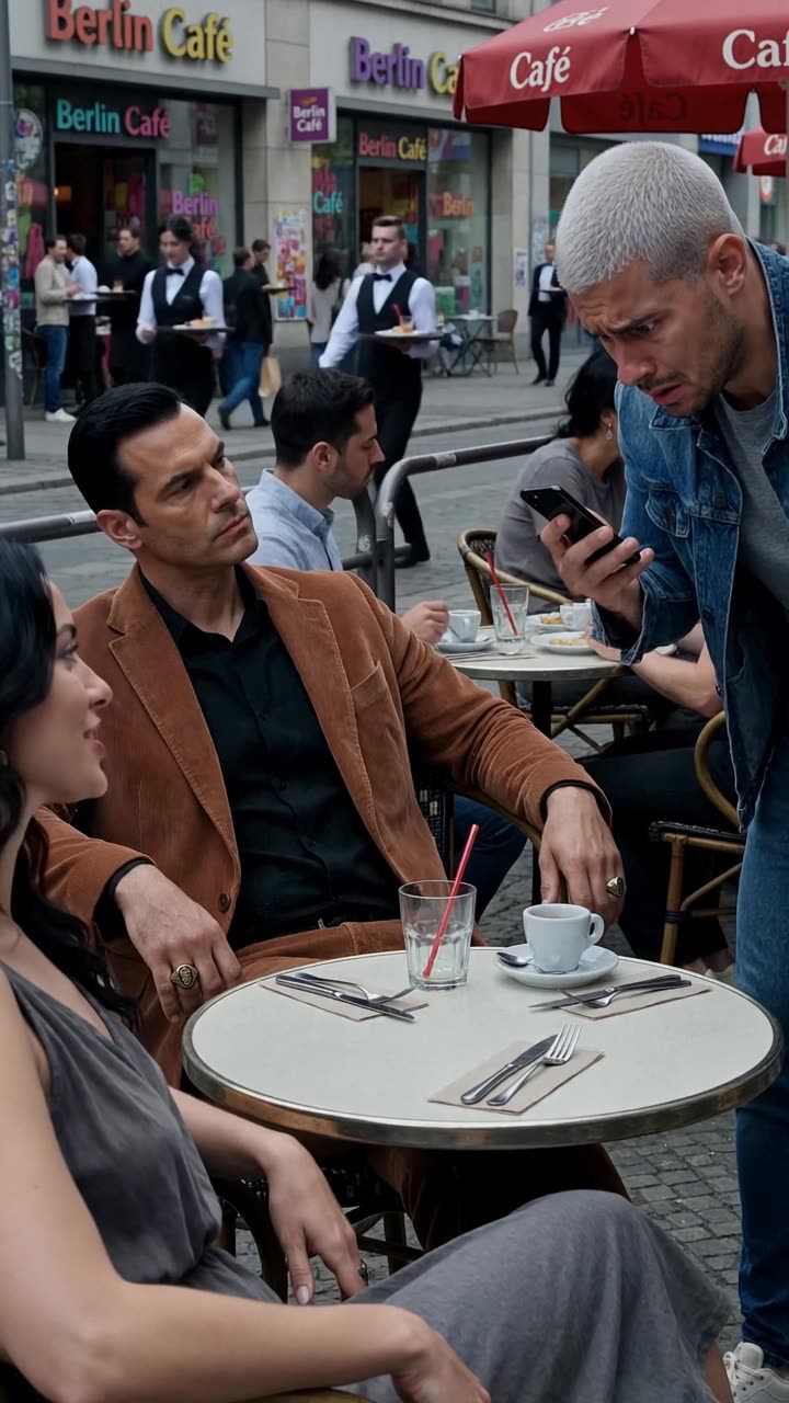 Sophie lächelt spöttisch, während Jonas zitternd auf das Telefon starrt und Maximilian sich entspannt zurücklehnt