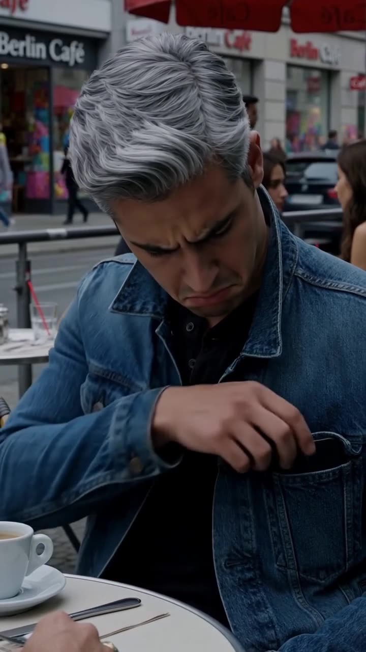 Ein Mann mit grauem Haar greift mit ernster Miene in seine Brusttasche nach seinem Smartphone.
