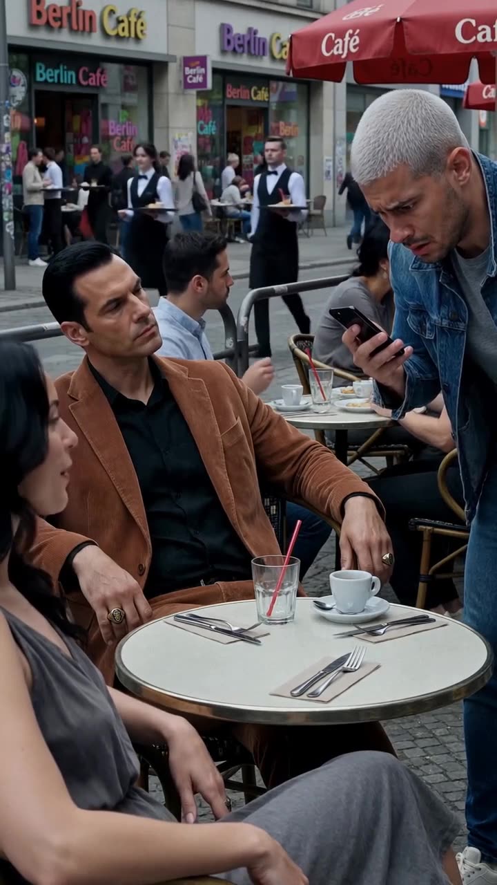 Ein eleganter Herr im braunen Anzug blickt unbeeindruckt auf das Handy des Randalierers.