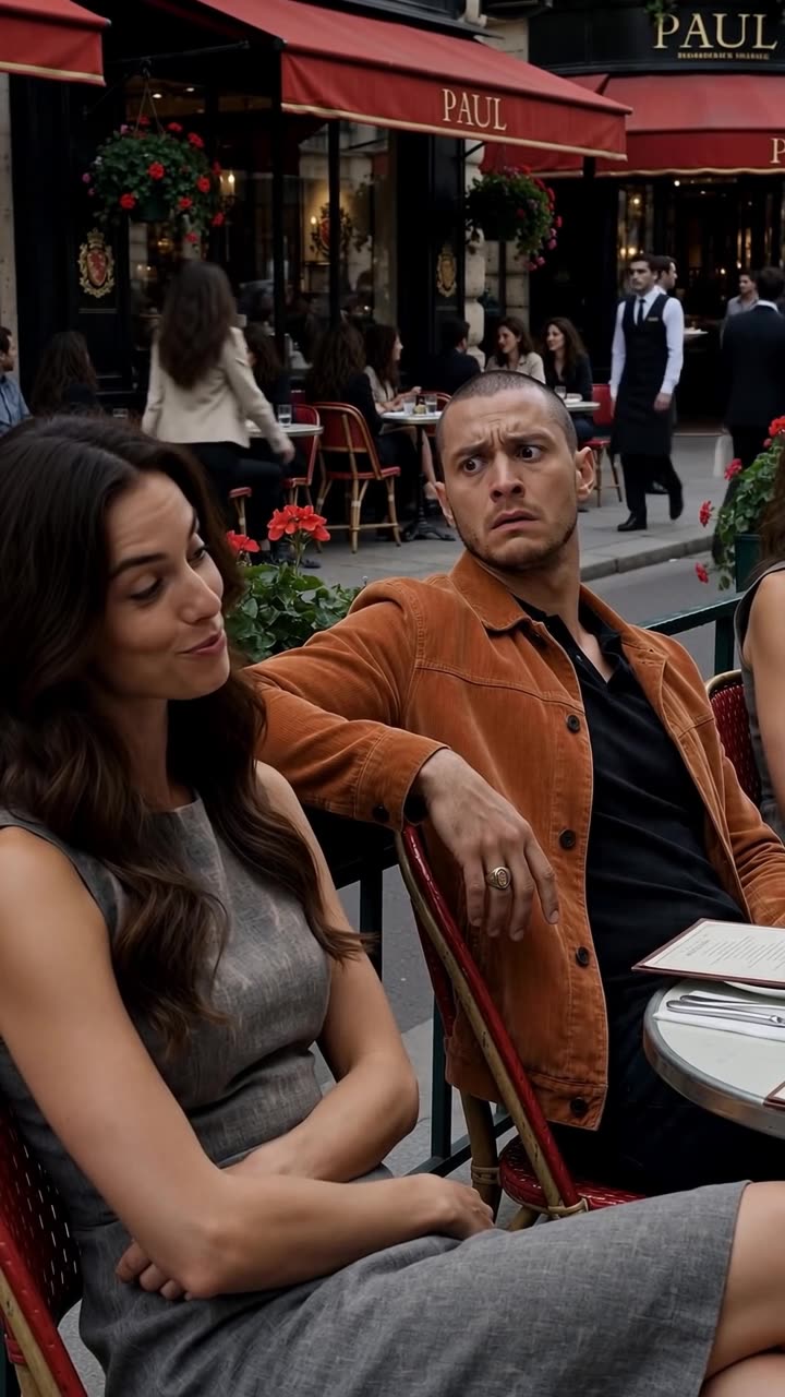 Camille smirks knowingly across the cafe table as Enzo reels from the sudden revelation.