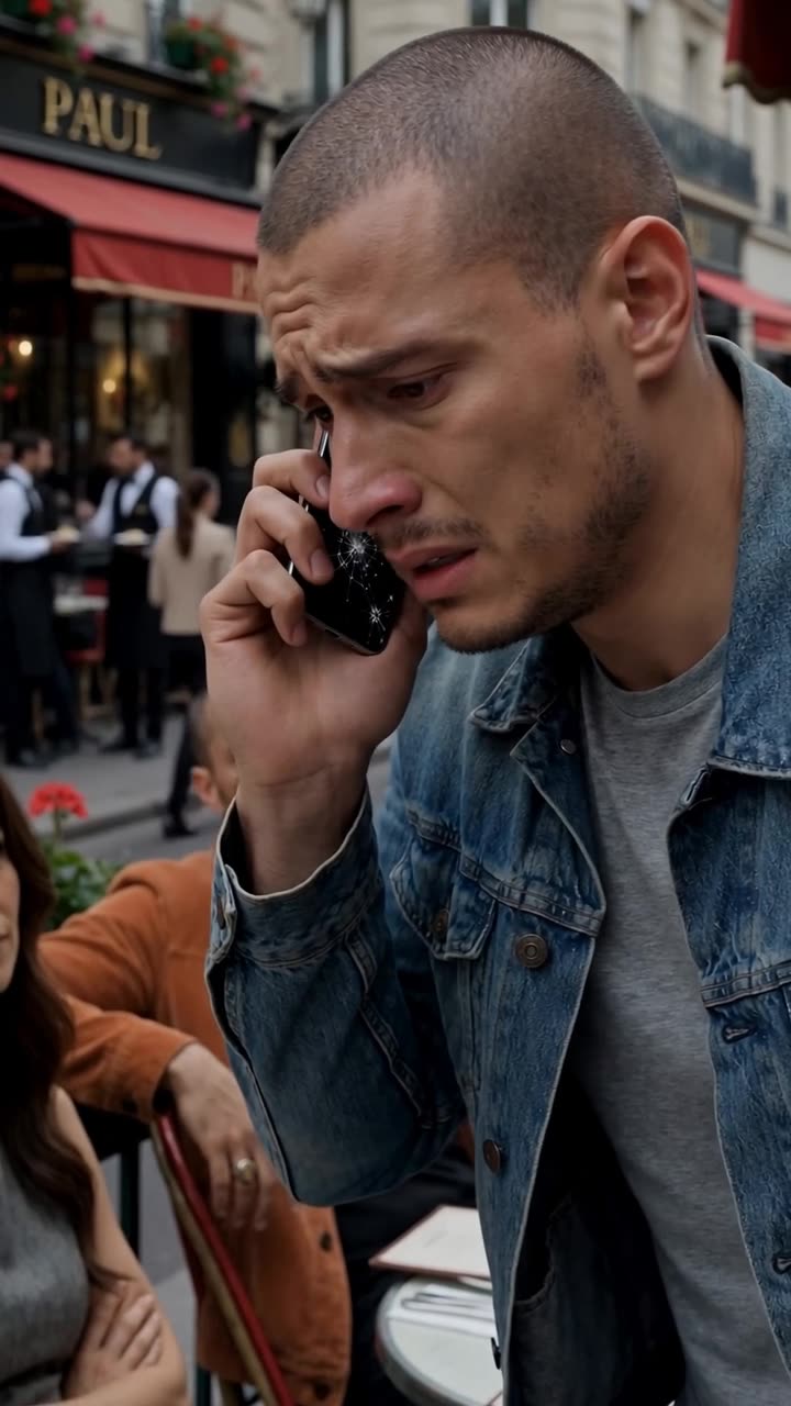 Close-up of Enzo's distraught expression as bad news arrives through his damaged phone outside the cafe.