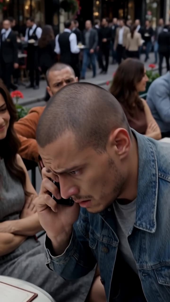 Enzo looking down in shock with hunched shoulders as the balance of power shifts abruptly at the terrace.