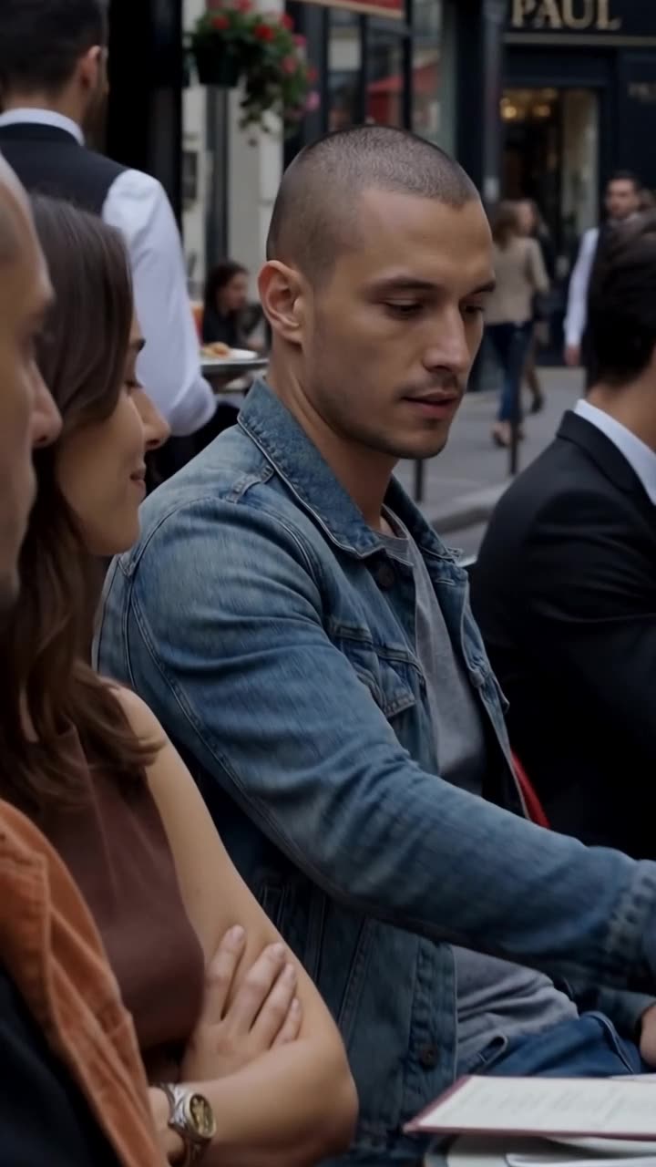 A young buzz-cut man leans intently over an outdoor café table beside a seated woman.