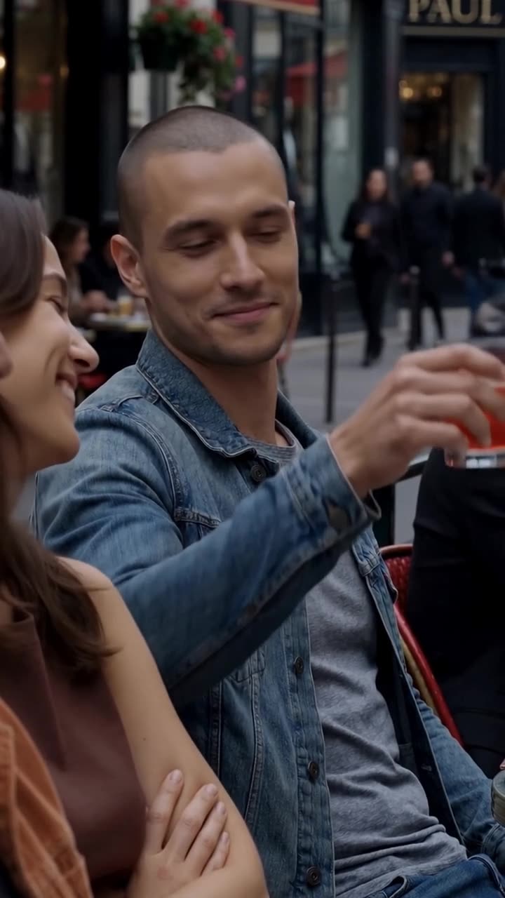 A man in a denim jacket raises a cocktail glass in a toast at a sunlit terrace table.