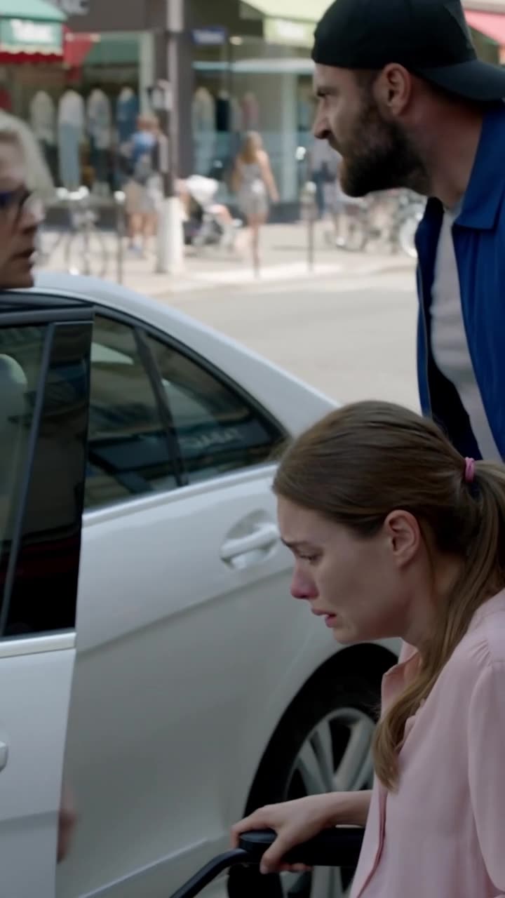 Chloé looks down in distress as Damien shouts violently in her face on the Parisian sidewalk.