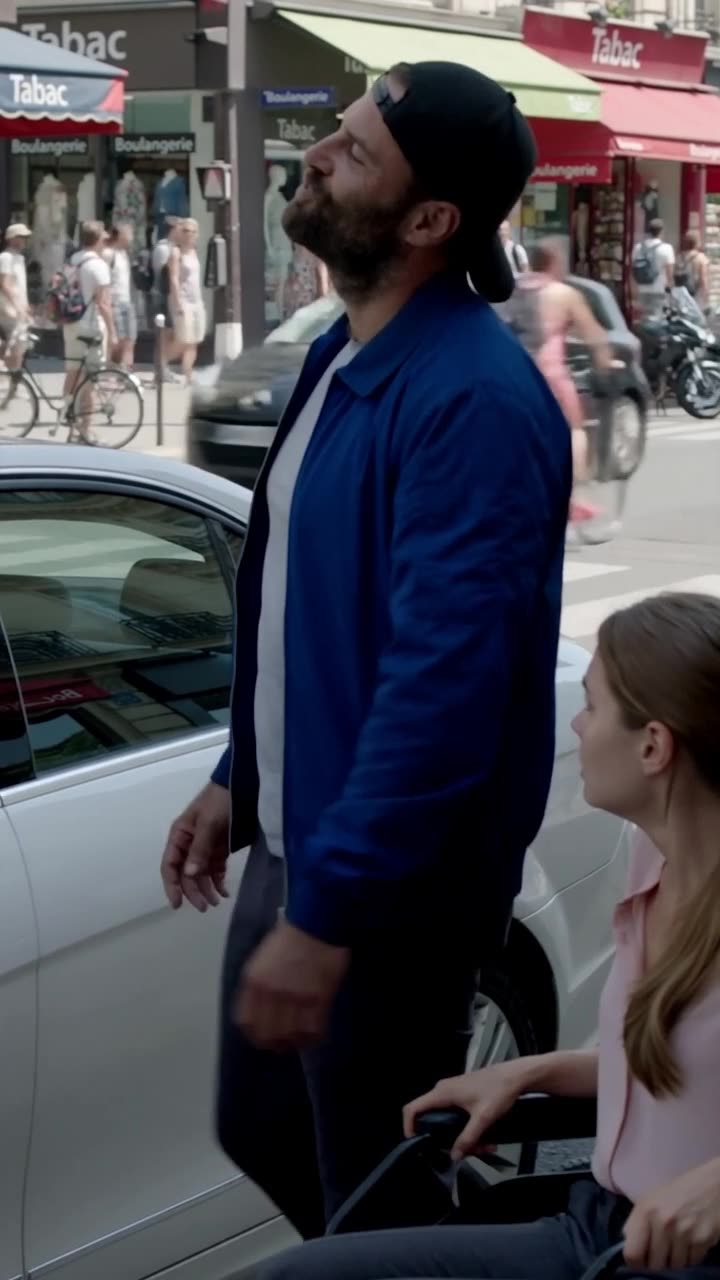 Damien scoffing in disbelief and stepping backward in front of a storefront backdrop.