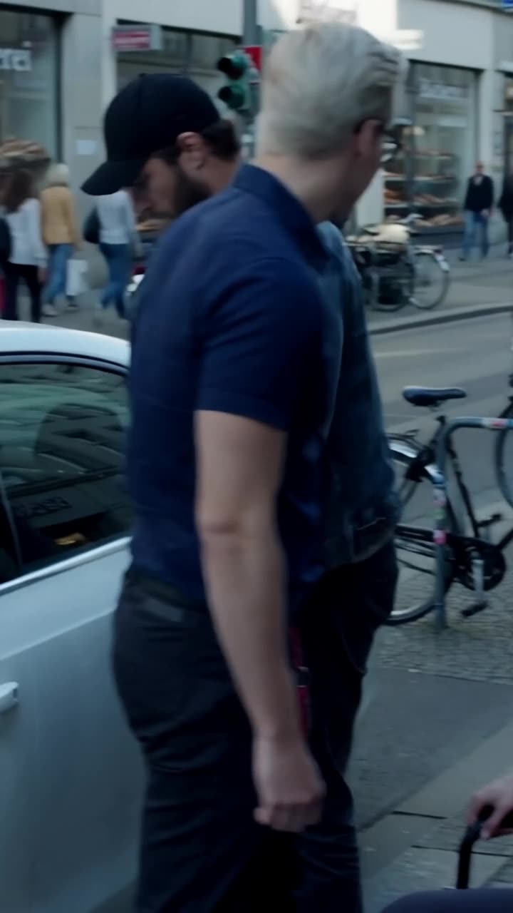 Marcel schleicht hastig hinter Lukas' Rücken zur offenen Autotür