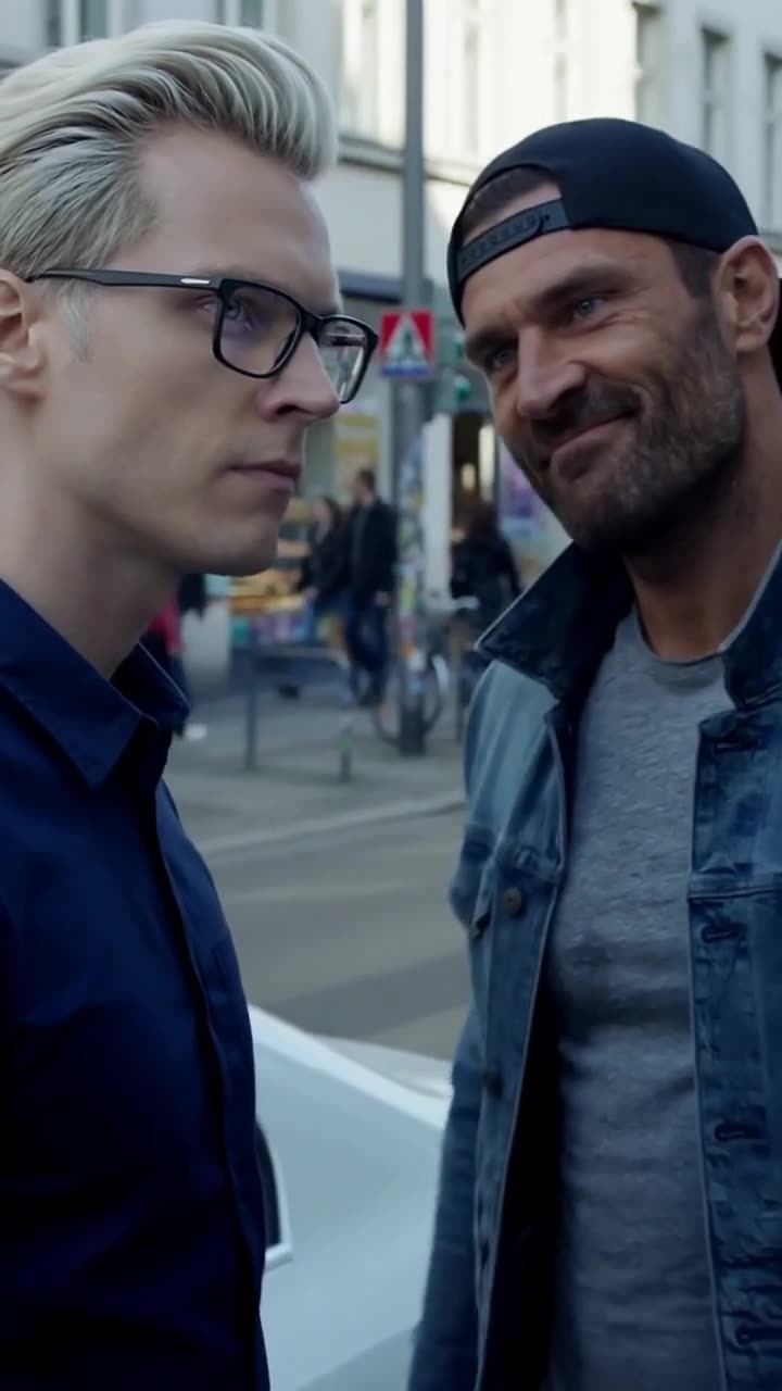 Der Angreifer mit Kappe grinst arrogant während des direkten Wortgefechts auf der Straße.