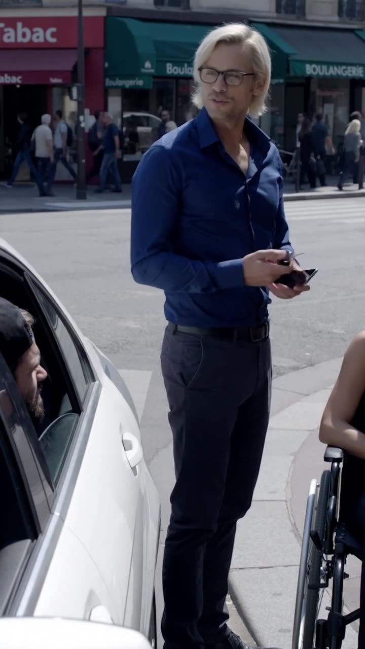 A blonde man in glasses holds the key fob outside the driver window next to a woman in a wheelchair.