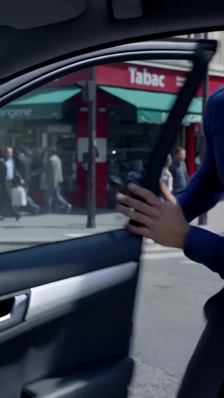 Close-up of a hand reaching to shut the white sedan door from outside