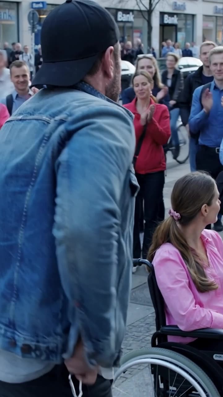 Marcel dreht sich ab, während Passanten auf dem Berliner Bürgersteig neben Lea Beifall klatschen.