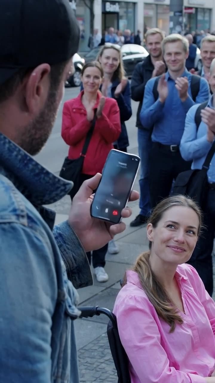 Ein Smartphone mit aktiver Verbindung zum Polizeinotruf wird hochgehalten, während Lea im Rollstuhl lächelt.