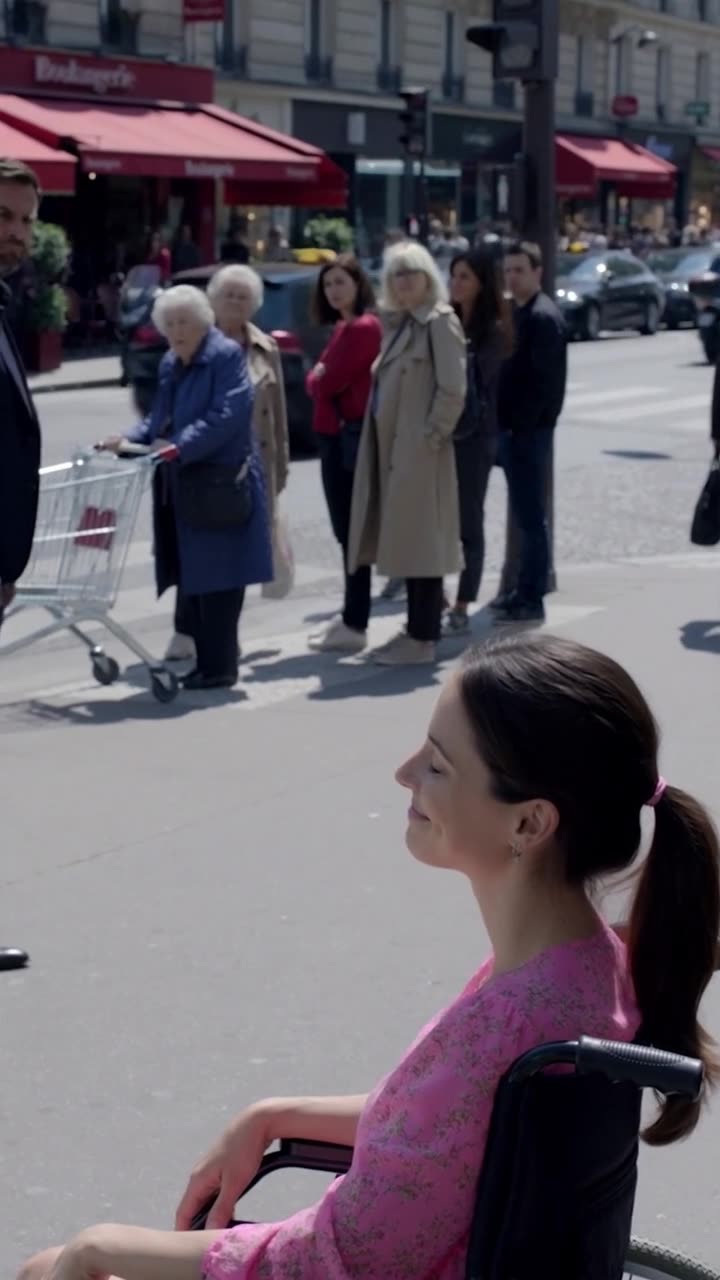 Chloé smiles with relief from her wheelchair while Julien watches Damien retreat.