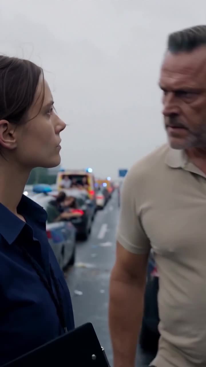 Angespannter Blickkontakt zwischen Elena Richter und dem Kommissar vor einer Kolonne wartender Autos.