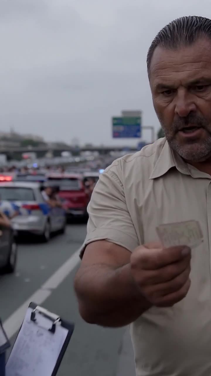 The enraged commander thrusts his official badge forward while arguing in the middle of highway traffic.