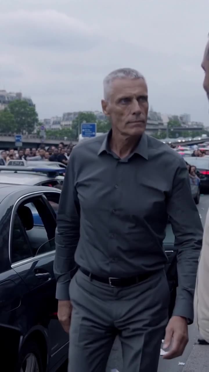 A stern Divisional Commissioner marches toward the confrontation amidst stalled highway traffic.
