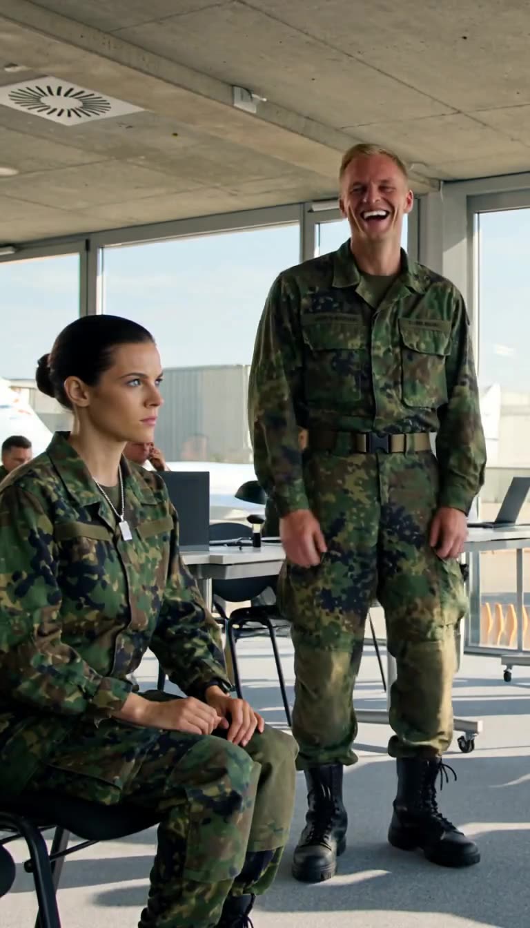 Lukas lacht spöttisch, während Julia ein stählernes Abzeichen offenbart.