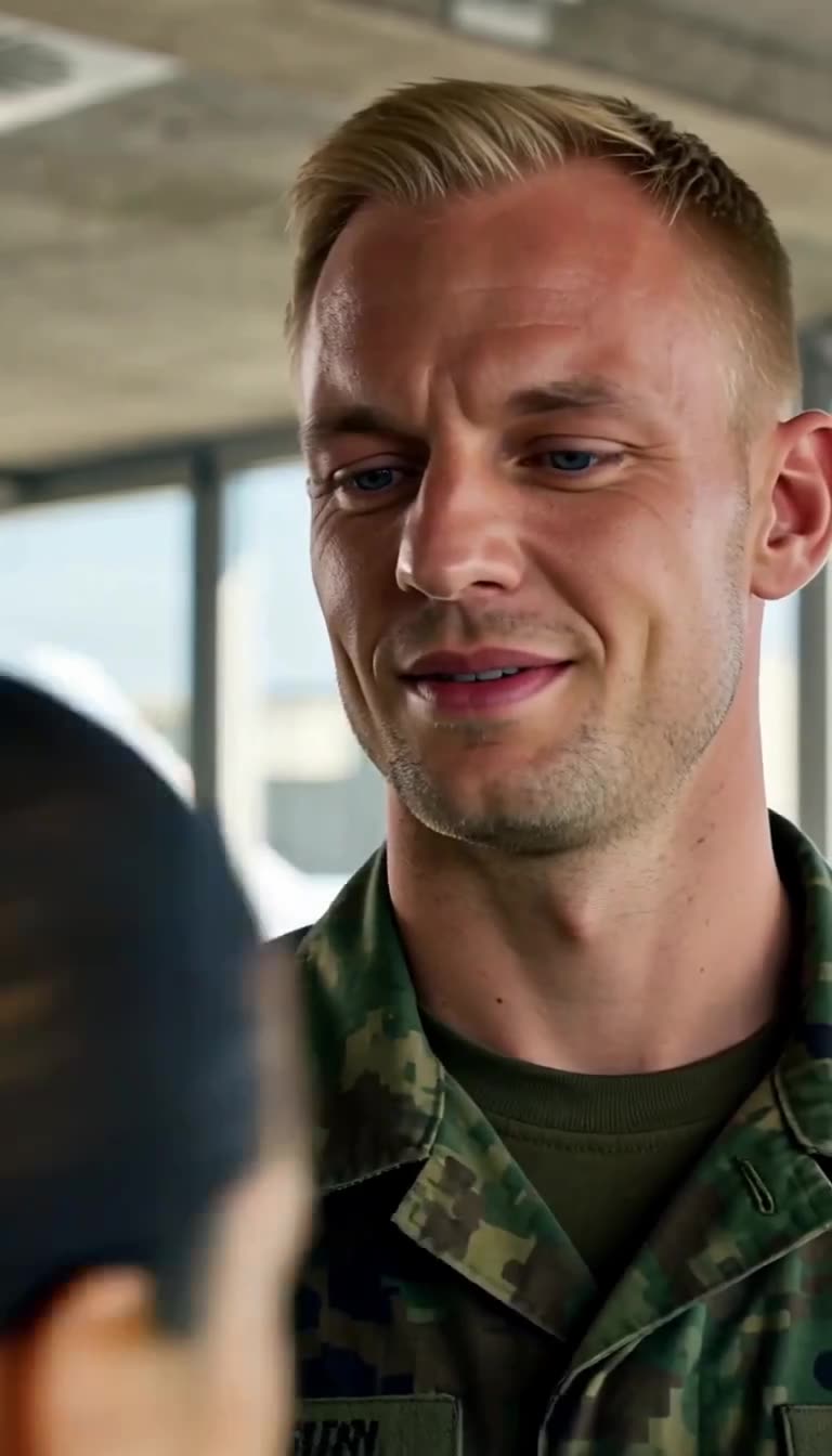 Lukas grinst spöttisch im Flecktarn-Uniform kurz vor dem Start.