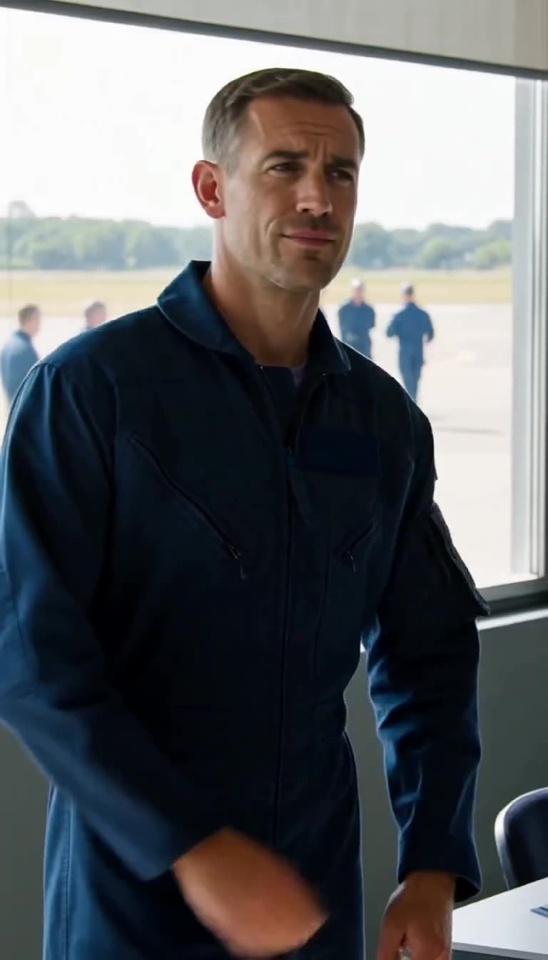 Marc watches the tense exchange attentively from beside the airfield window.