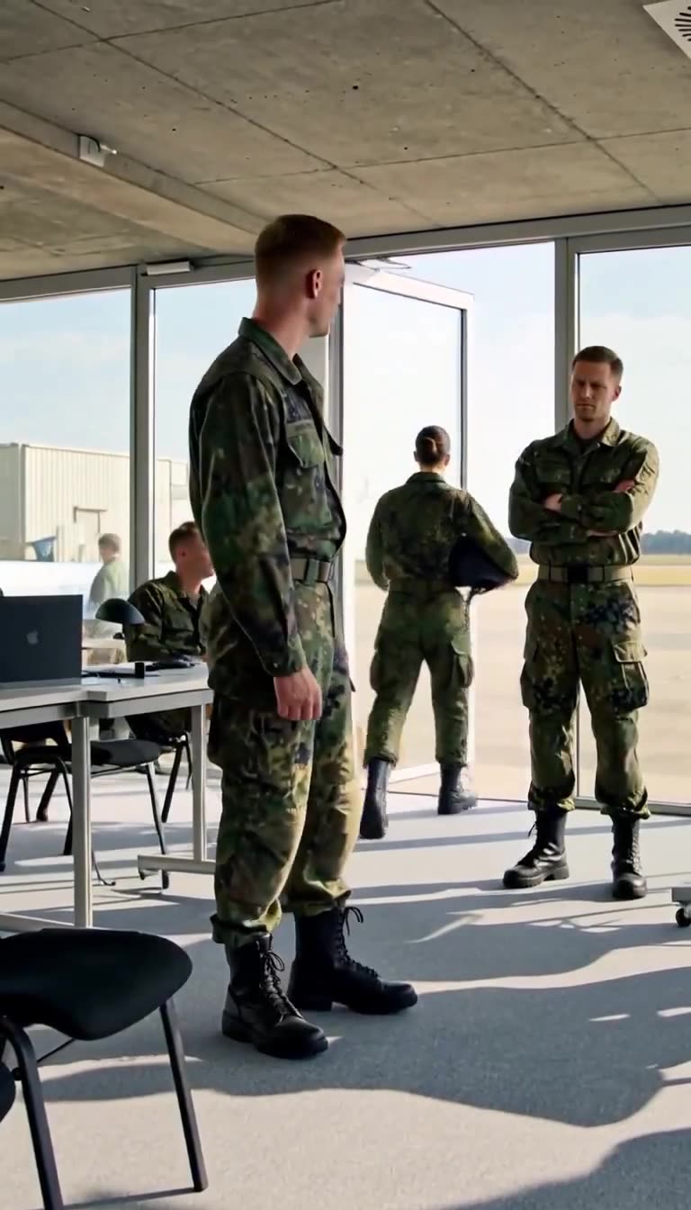 Zwei Bundeswehr-Offiziere beobachten die Pilotin skeptisch beim Verlassen des Raumes